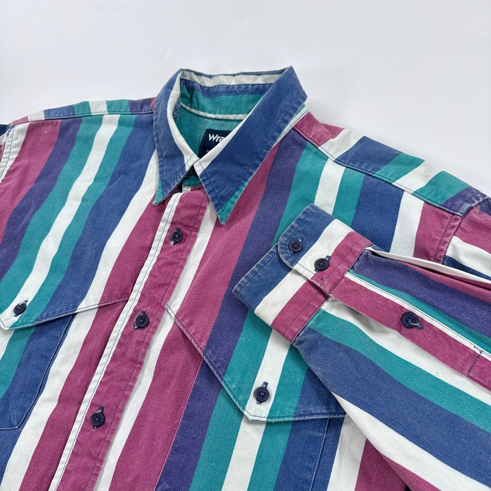 Vintage Wrangler Mens Western Shirt 17 36 Striped Button Long Tail Brushpopper